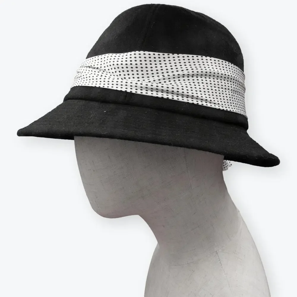 Black Felt Women Sun Hat White Polka Dot Hat Band